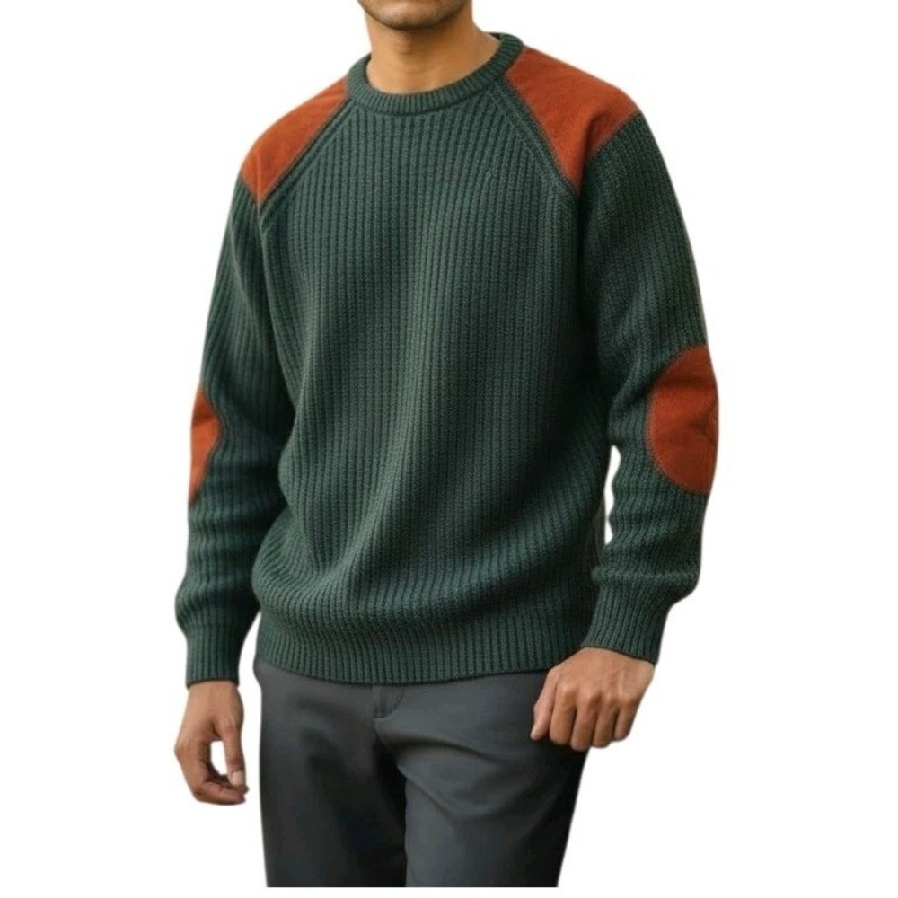 Woolrich Mens Knit Sweater Size Small Wool‎ Blend Suede Patches Vintage
